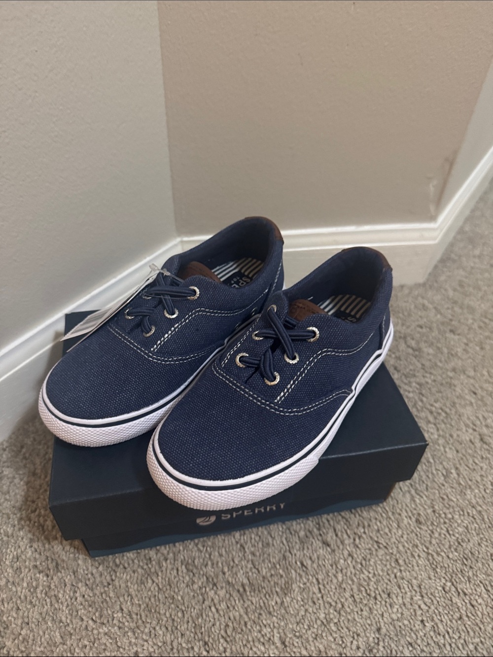 Sperry Navy Canvas Lace-Up Kids Shoes with White Sole